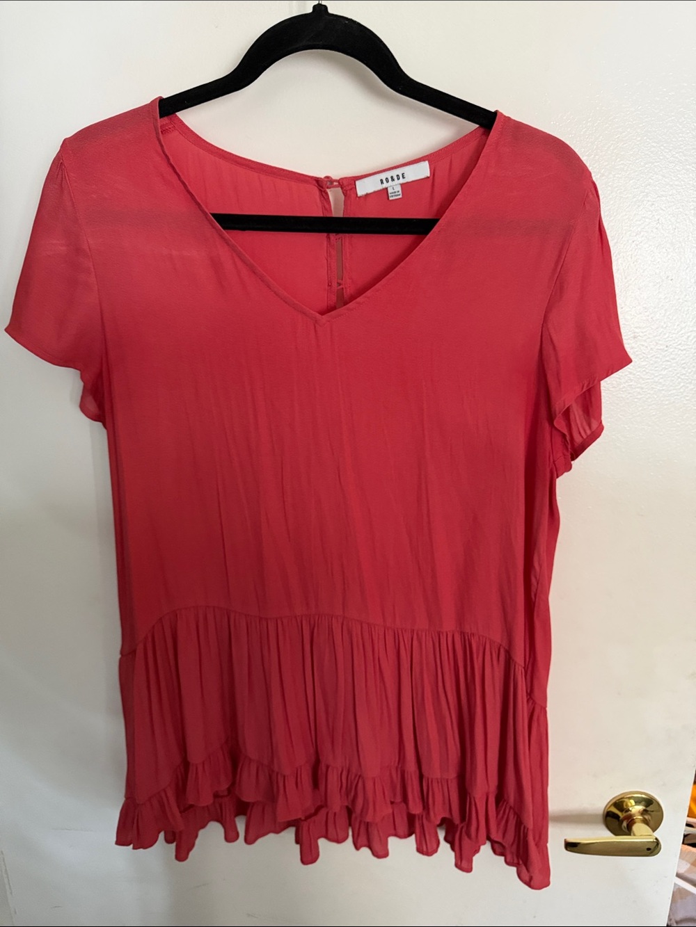 Women's Coral V-Neck Ruffle Hem Top